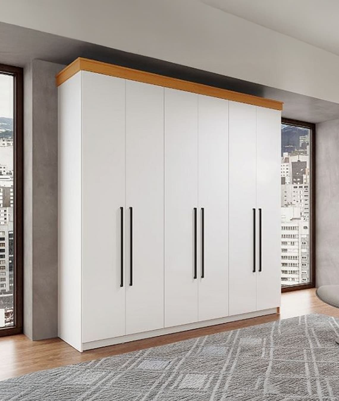 Guarda-roupa minimalista branco de seis portas.