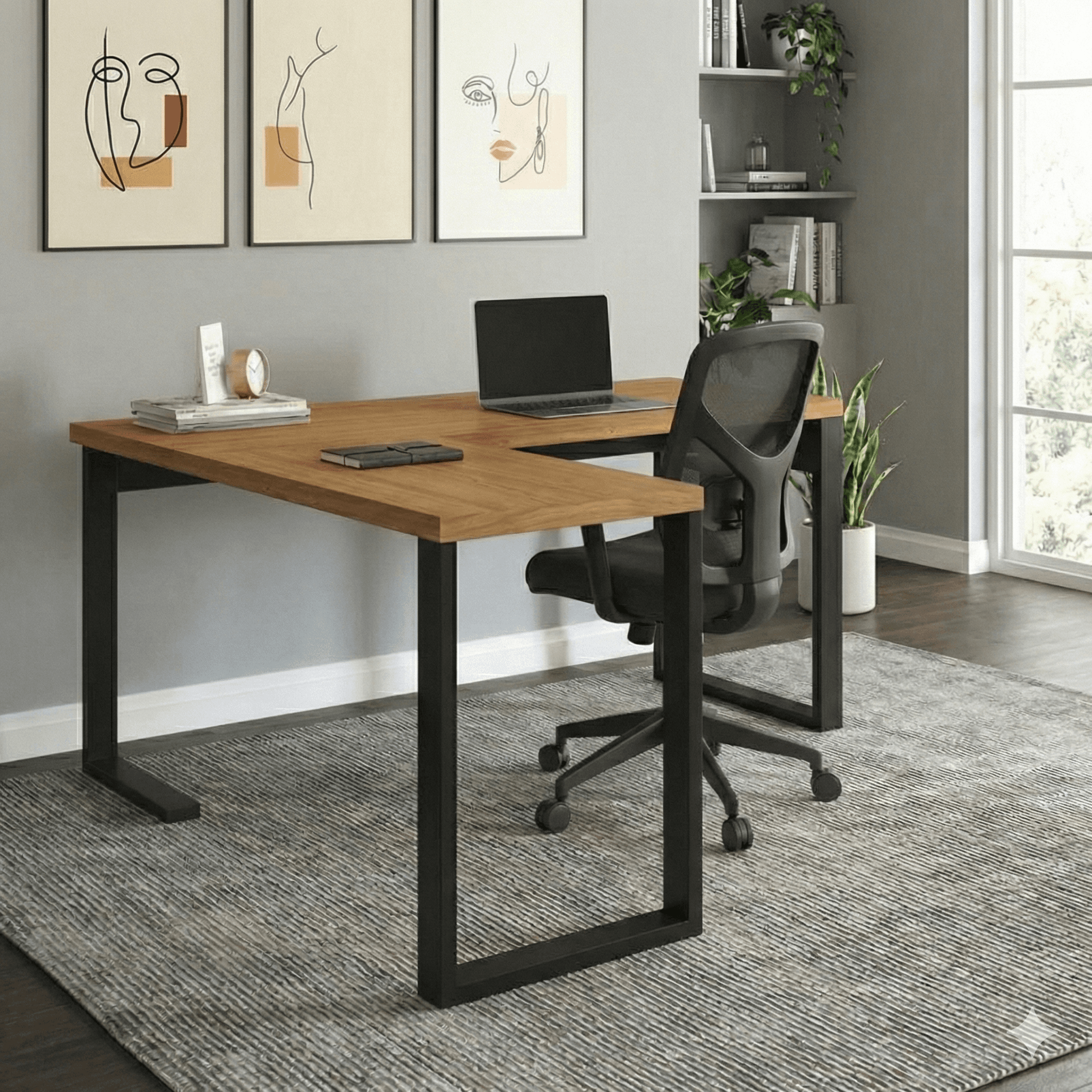 Mesa de escritório em L com tampo de madeira e cadeira ergonômica.